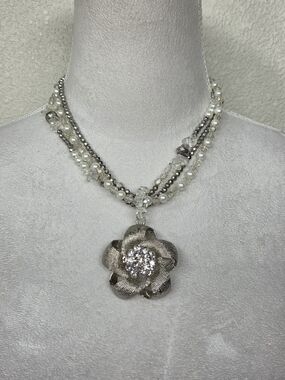 Silvertone Floral Crystal & Pearl Multi-Strand Necklace
